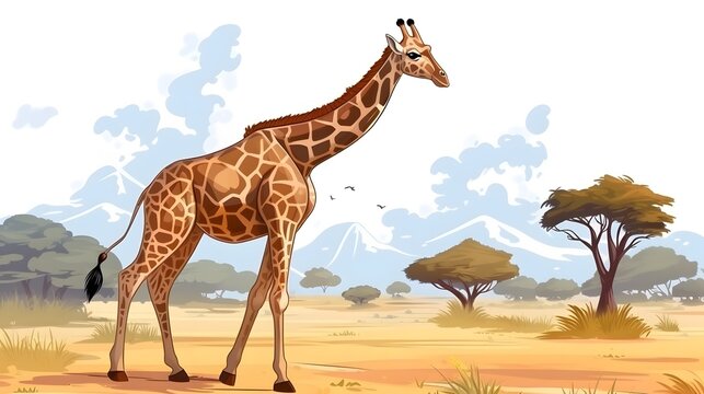 Detailed cartoon vector illustration of a giraffe in an African zoo savanna steppe