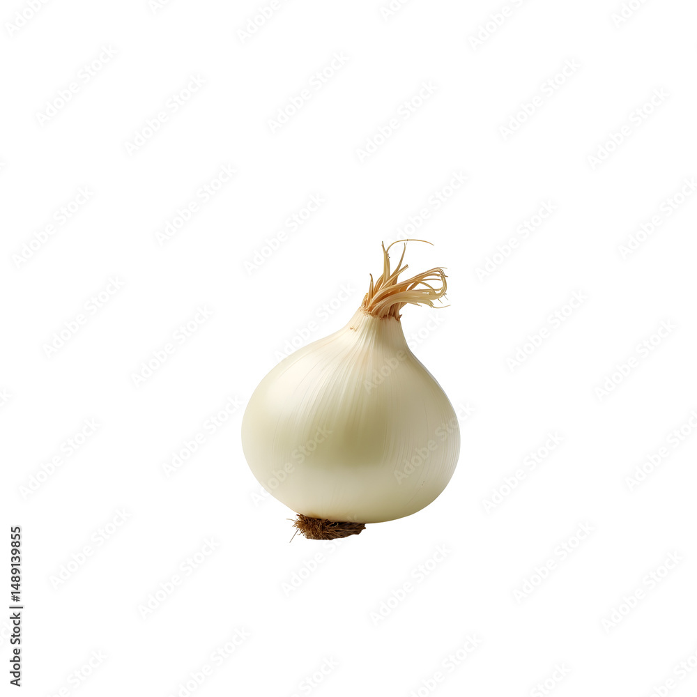 Poster detailed close up of a single white onion showing its textured skin and root details on a plain simp