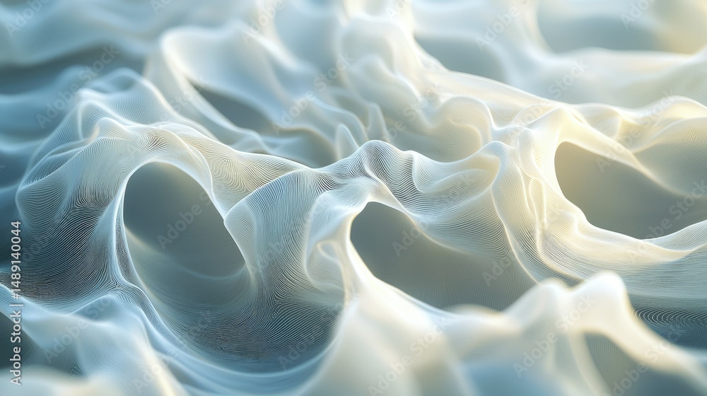 Poster futuristic 3d-rendered abstract white wave patterns with a soft glowing effect.