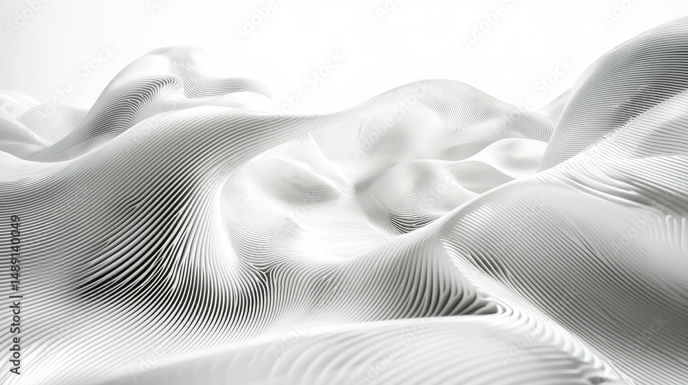 Poster futuristic 3d-rendered abstract white wave patterns with a soft glowing effect.