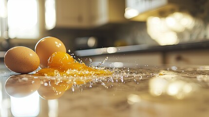 Freshly cracked eggs with golden yolks spilling out, captured on a smooth kitchen countertop.