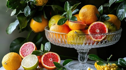 Freshly cut fruits artfully arranged in a glass pedestal bowl, with a bright and inviting ambiance.