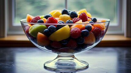Freshly cut fruits artfully arranged in a glass pedestal bowl, with a bright and inviting ambiance.