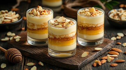 High-angle shot of layered yogurt dessert in a glass with honey drizzle and almond flakes.