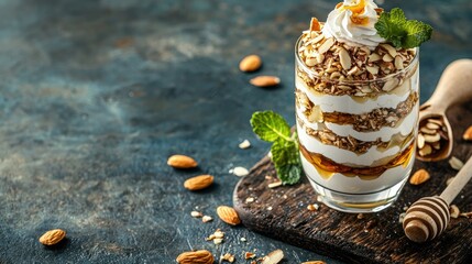 High-angle shot of layered yogurt dessert in a glass with honey drizzle and almond flakes.