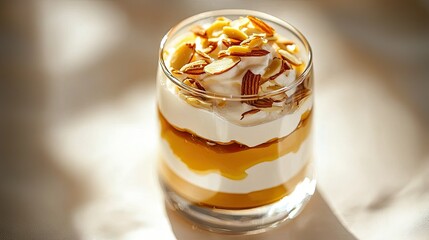 High-angle shot of layered yogurt dessert in a glass with honey drizzle and almond flakes.