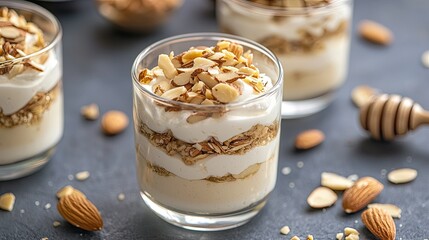 High-angle shot of layered yogurt dessert in a glass with honey drizzle and almond flakes.