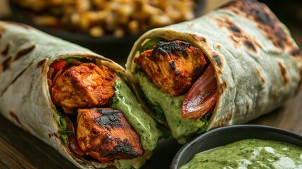 High-angle view of a delicious Indian wrap, cut in half to reveal its juicy filling of tandoori chicken and green chutney.