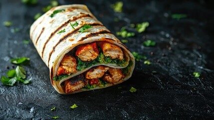 High-angle view of a delicious Indian wrap, cut in half to reveal its juicy filling of tandoori chicken and green chutney.