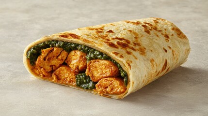 High-angle view of a delicious Indian wrap, cut in half to reveal its juicy filling of tandoori chicken and green chutney.