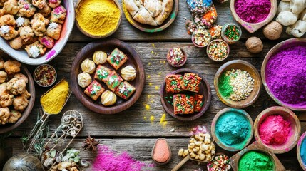 High-angle view of a wooden table adorned with traditional Holi delicacies, surrounded by bright color powders.