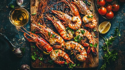 High-end seafood feast with grilled lobster, prawns, and a glass of white wine.