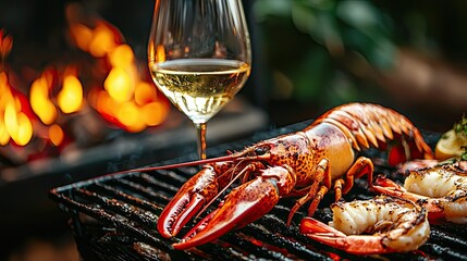 High-end seafood feast with grilled lobster, prawns, and a glass of white wine.
