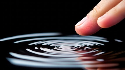 Close-up of a finger gently touching calm water surface, creating delicate ripples, minimal and serene composition in soft natural light
