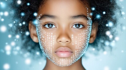 Close-up portrait of Afro-American child with binary code tattoos and flickering glitch skin, futuristic digital identity concept