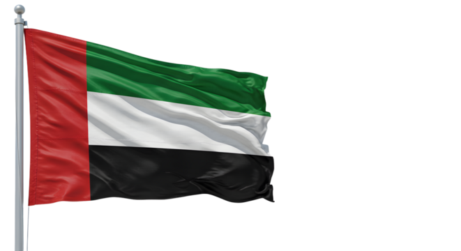 Waving flag of the United Arab Emirates against a clear sky, symbolizing national pride and unity