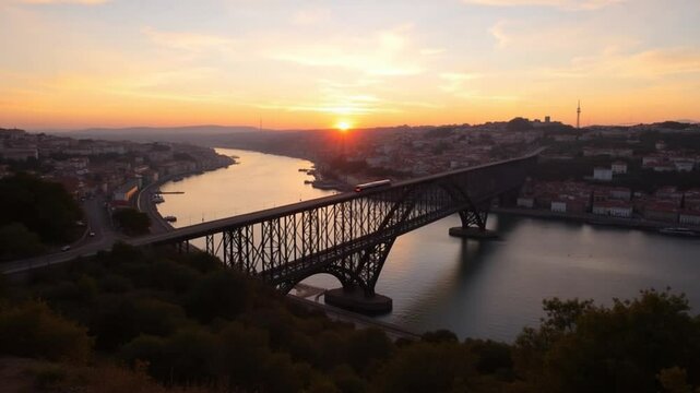 Sunset from Miradouro da Serra do Pilar offers a view of the iconic Luis I Bridge spanning the Douro River, metro train, and old town of Porto Portugal