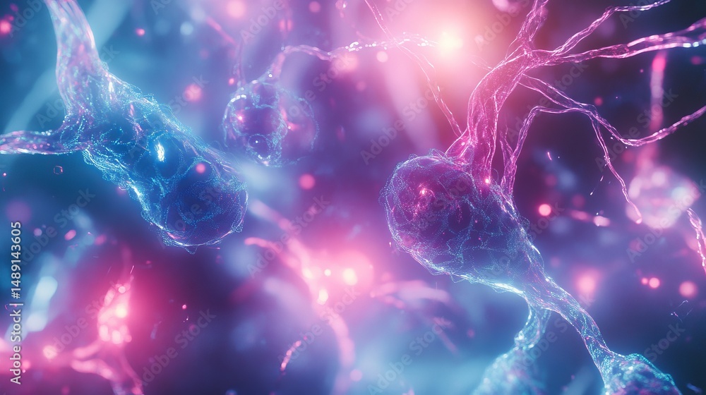 Poster a detailed view of neuron cells with a blue and pink color scheme and bright light sources around th