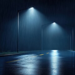A serene nighttime scene with rain falling on a quiet road illuminated by streetlights.