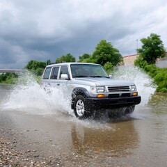 A silver SUV splashes through a shallow stream, showcasing its off-road capabilities against a cloudy backdrop.