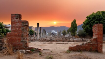 A stunning sunset over the ruins of an old building, capturing nature's reclamation of urban landscapes.