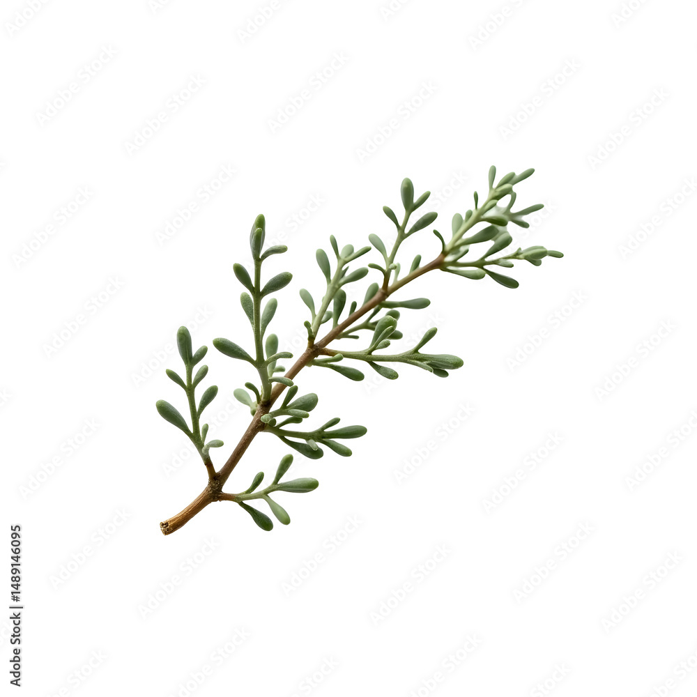 Poster detailed close-up showcasing the intricate textures and subtle colors of a cut thyme sprig against a