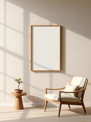 vertical japandi corner with empty frame, beige texture wall, wood chair, bonsai plant and minimalist wabi-sabi aesthetic