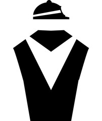 Black and white jockey racing jersey garment with helmet and goggles.