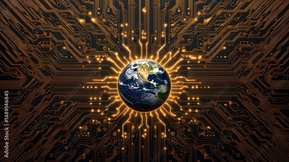 Aufkleber the image shows a detailed rendering of a circuit board with glowing orange traces. at the center, a
