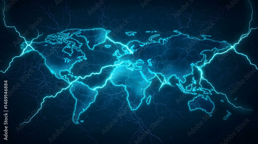 Aufkleber the image contains a stylized world map outlined in glowing blue, crisscrossed by bolts of light res
