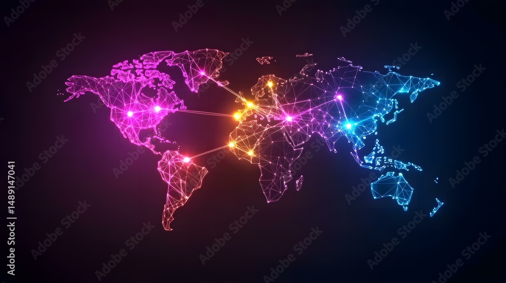 Poster a vibrant, glowing world map is depicted using a network of interconnected nodes and lines, with col