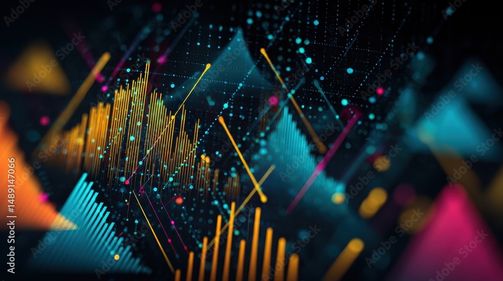 Poster abstract digital background with geometric shapes, lines, and colorful dots representing data visual