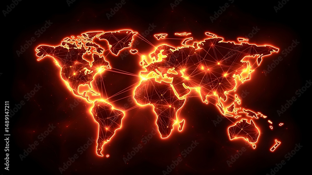 Poster the image shows a glowing orange world map with interconnected nodes, representing a global network.
