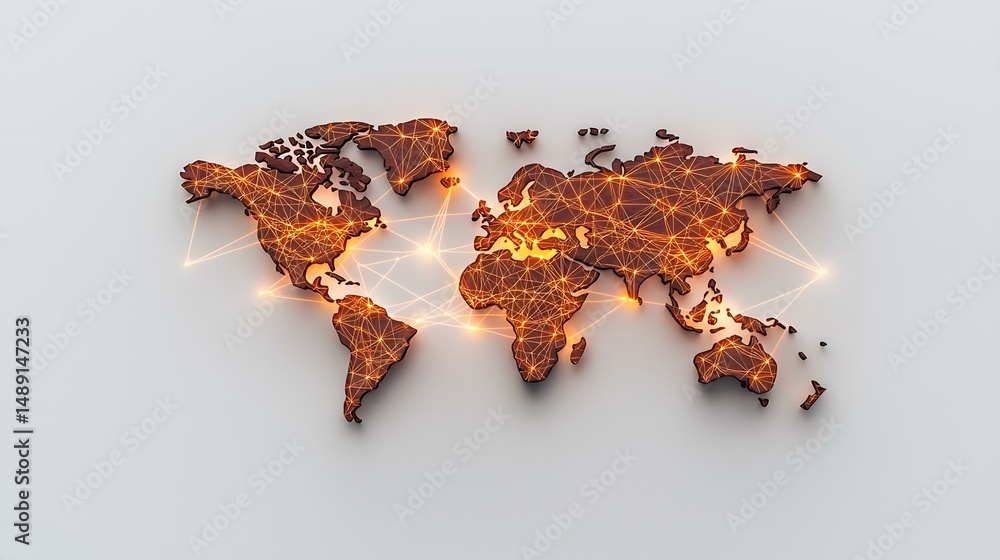 Aufkleber a three-dimensional world map is shown, with glowing orange lines connecting various points across t