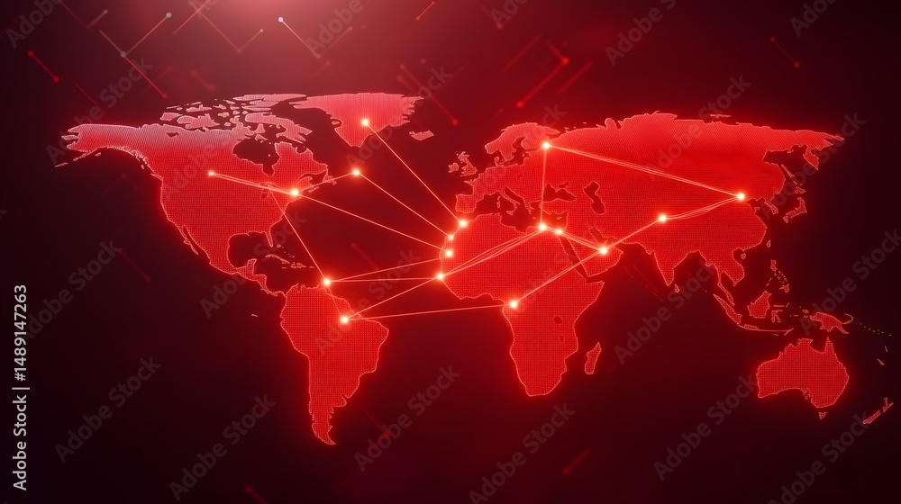 Aufkleber a red, glowing digital map of the world is shown, with illuminated lines connecting various points a