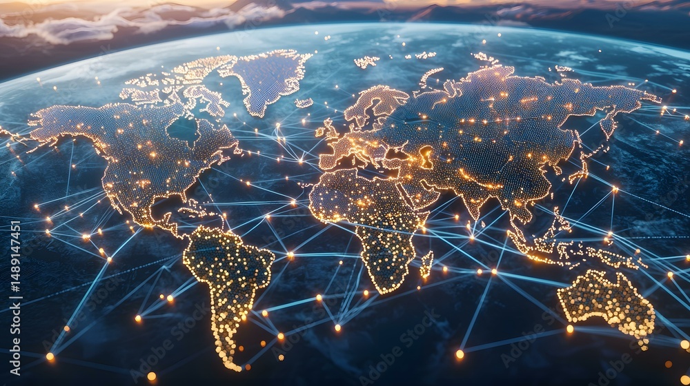 Aufkleber the image shows a stylized representation of the earth, with continents outlined by glowing nodes th