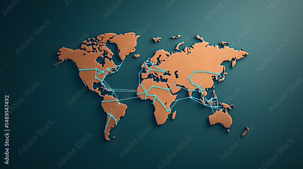 Poster a three-dimensional copper-colored world map is shown against a teal background, with light teal lin