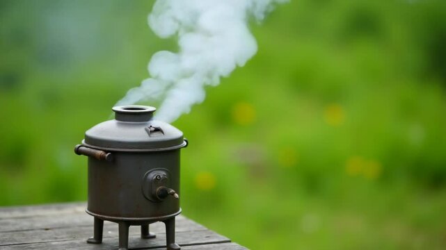 Old metal smoker with smoke coming from it stands on the hive. Instruments for apiculture. Green nature in blur at backdrop. Vertical