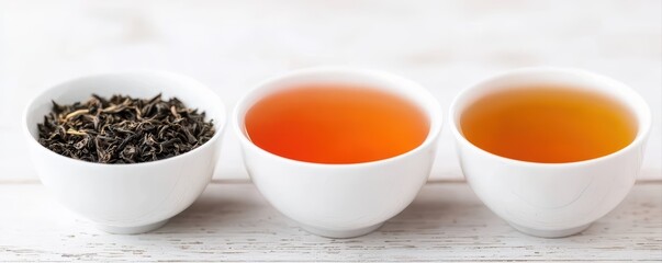 Three white cups display loose tea leaves and two different shades of brewed tea on a light wooden surface.