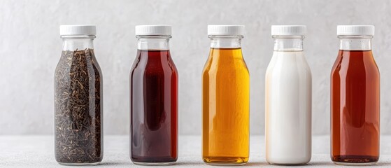 Five glass bottles filled with tea leaves, black tea, green tea, milk, and iced tea are arranged in a row against a neutral background.