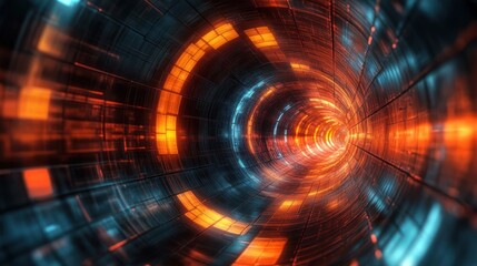 Obraz premium Abstract digital tunnel with geometric neon light patterns concept art