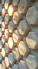 Close-up of a wall textured with hexagonal, light-beige stone elements, illuminated by sunlight