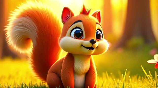 Cute cartoon squirrel sitting in a sunny forest, surrounded by flowers and soft golden light