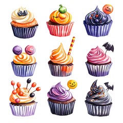 Watercolor Halloween Cupcakes with Candy Set: Festive Spooky Treats for Creepy Celebrations