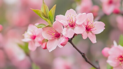 Fototapeta premium Delicate Pink Cherry Blossoms in Soft Focus against Green Background