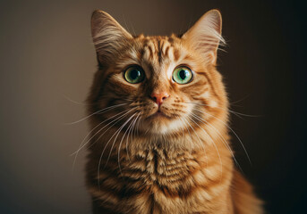 Obraz premium Surprised Tabby Cat with Paw to Mouth — A striped cat with green eyes holds its paw to its mouth in a human-like gesture of surprise, set against a solid light blue background with copy space. 