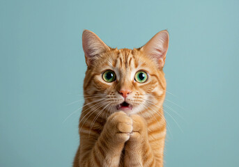Surprised Orange Tabby Cat with Paw to Mouth — A humorous image of a green-eyed orange tabby cat holding its paw to its mouth, mimicking a human-like gesture against a neutral background.

