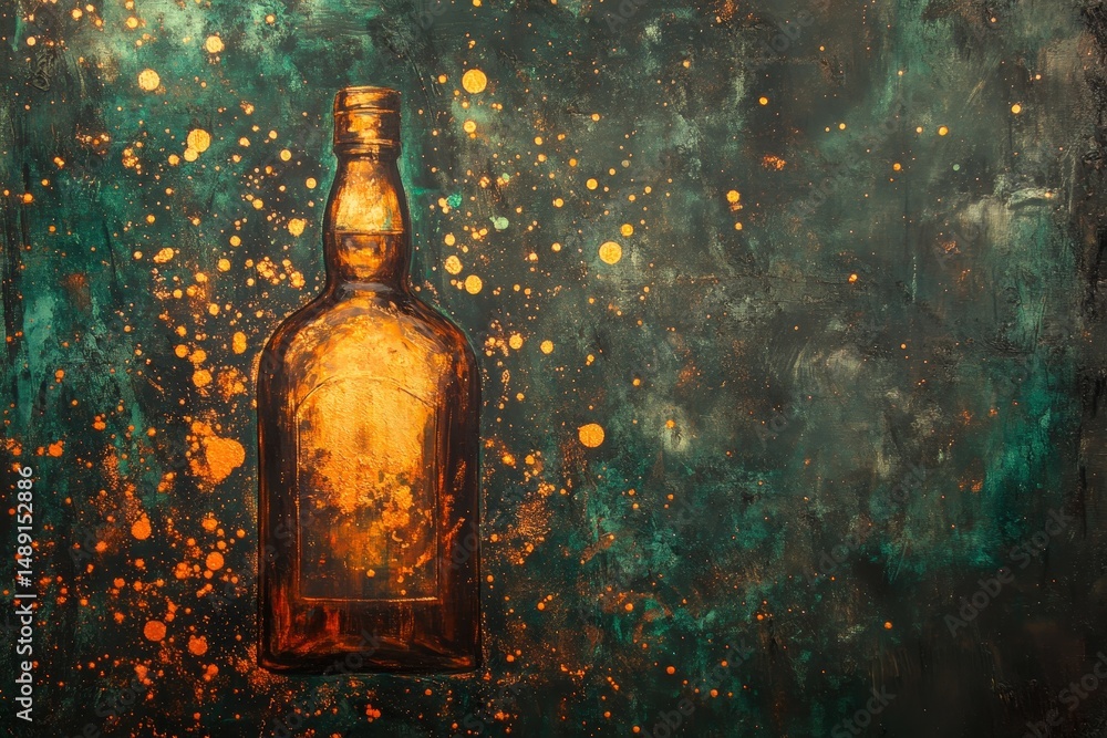 Poster empty amber bottle on a textured backdrop.