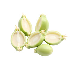 Detailed hyperrealistic image of freshly cut chayote squash showcasing the inner texture and pale green color with black space
