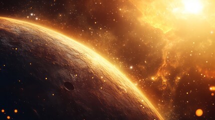 Obraz premium Planetary Vista with Cosmic Nebula and Luminous Ring in Space Backdrop